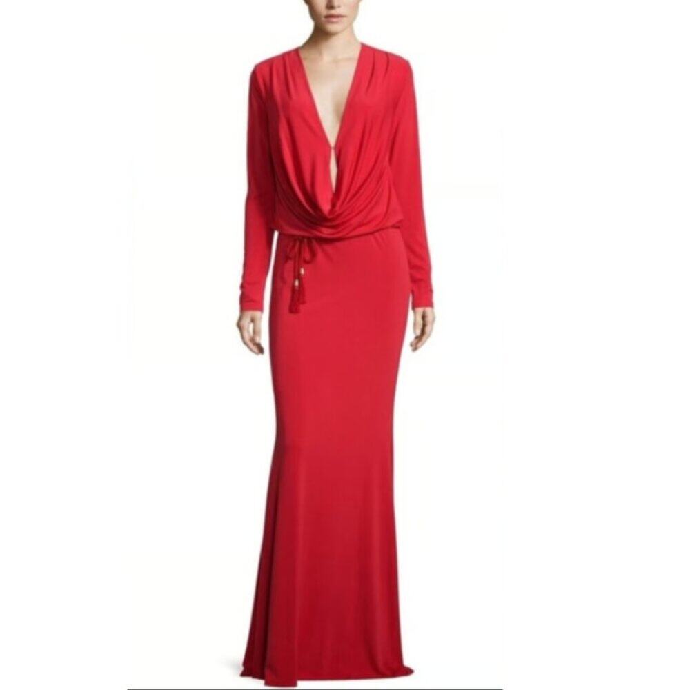 Rachel Zoe Size 4 Red Dress Draped Neck Cinched Maxi Gown Stretchy Festive Party